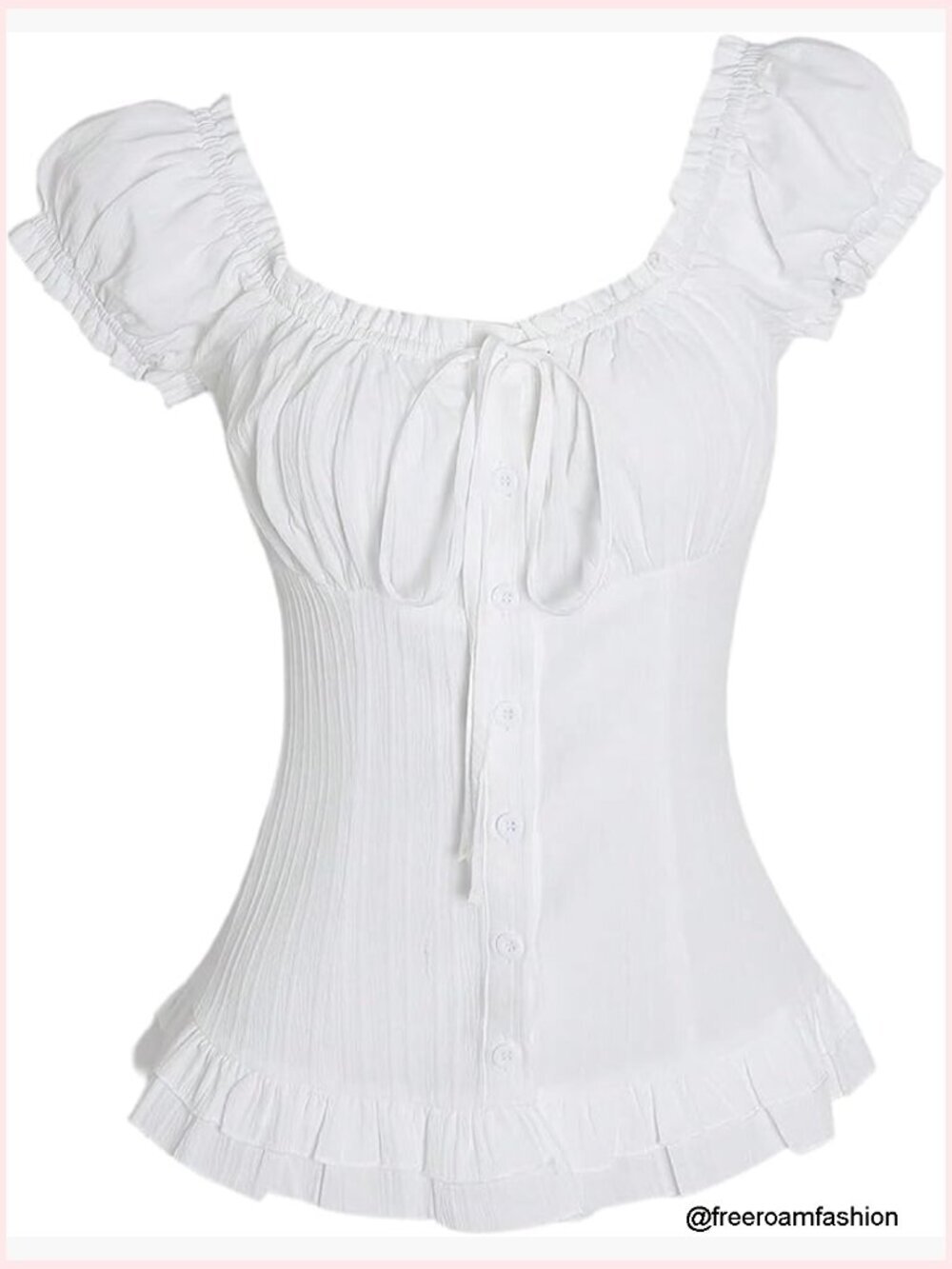 Frill Trim Button Down Blouse Puff Sleeve Tie Front Ruffle Top